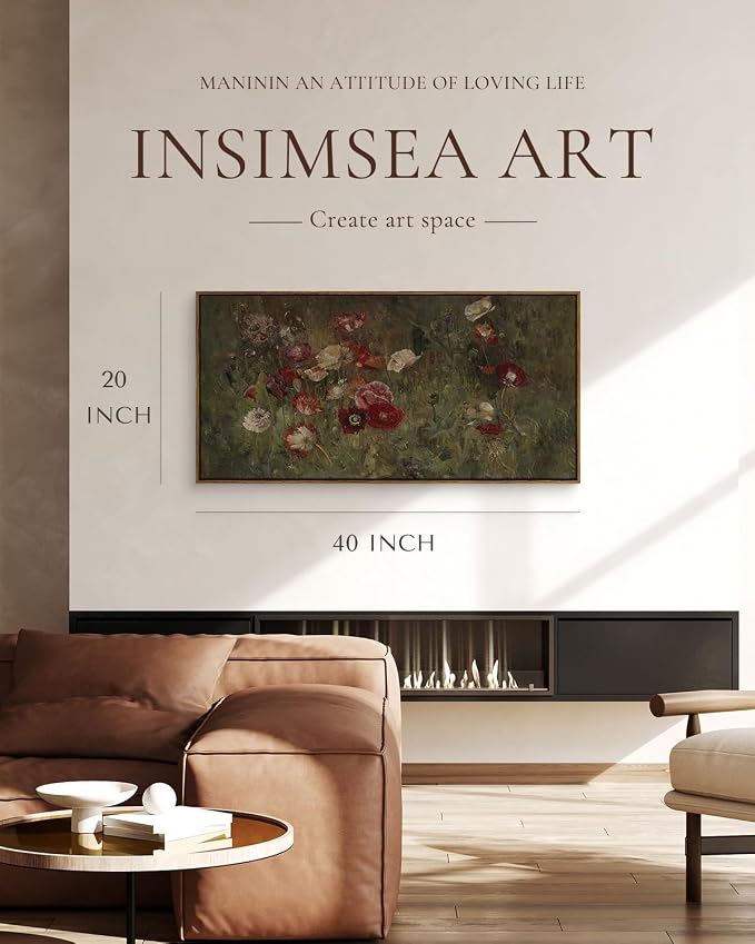 InSimSea Extra Large Framed Vintage Wall Art, Rustic Floral, 40x20in | Poppy - Image 3