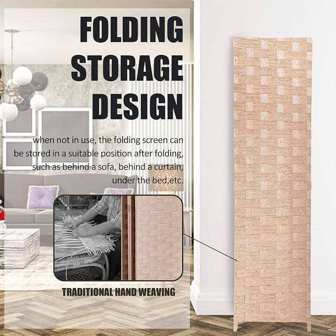 Room Divider, 4 Panels 6FT Folding Privacy Screen Room Divider Wall Wood Mesh - Image 2