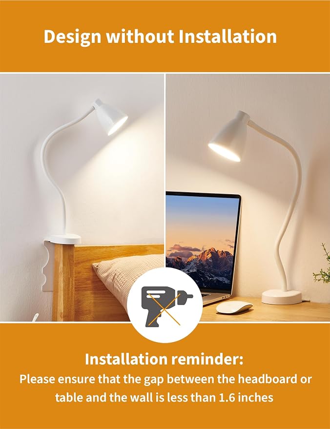 BOHON No Install Bedside Reading Light, Clip-Free Wall Mounted Lamp White | 5 - Image 4