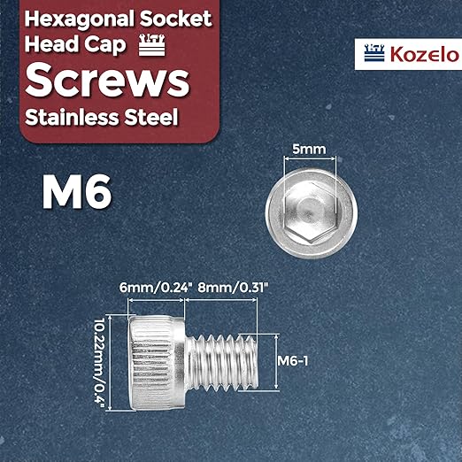 Kozelo 20pcs Socket Head Cap Screws - [M6-1 x 8mm] 304 Stainless Steel Allen Socket Drive for Electrical Motor 3D Printing Fan Engine Replacement Use, Silver