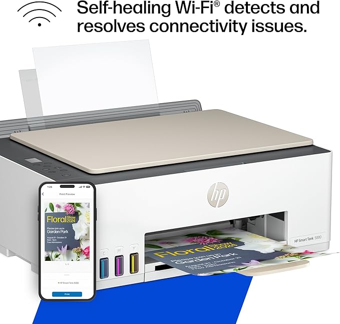 HP Smart Tank 5000 Wireless All-in-One Ink Tank Printer, Scanner, Copier with 2 Years of Ink Included, Best-for-Home, Cartridge-Free, Refillable, AI-Enabled (5D1B6A)