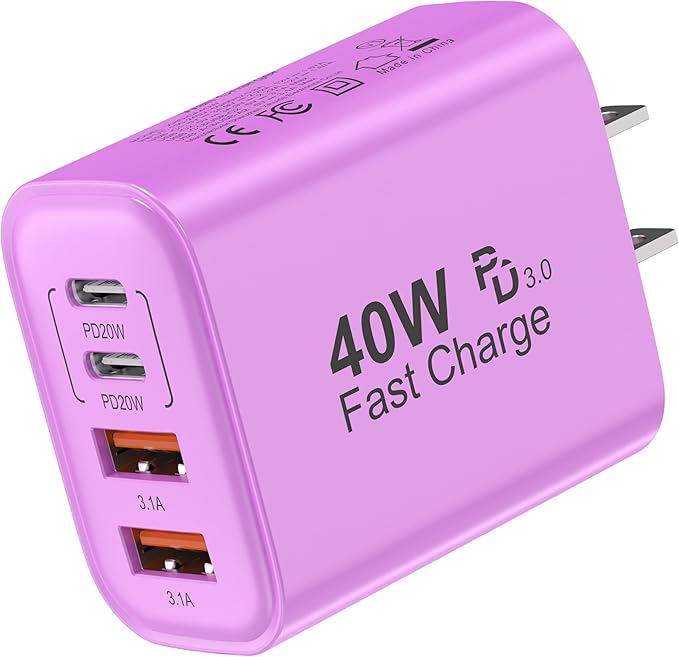 TT&C USB C Block 40W, 4 Ports Wall Plug Fast Charging Block, PD+QC Multiport Power Adapter USB C Charger Type C for iPhone 17,17 Air, 17 Pro,17 Pro Max, 16,15,14,13,12, Galaxy Phones (Purple 1Pack)