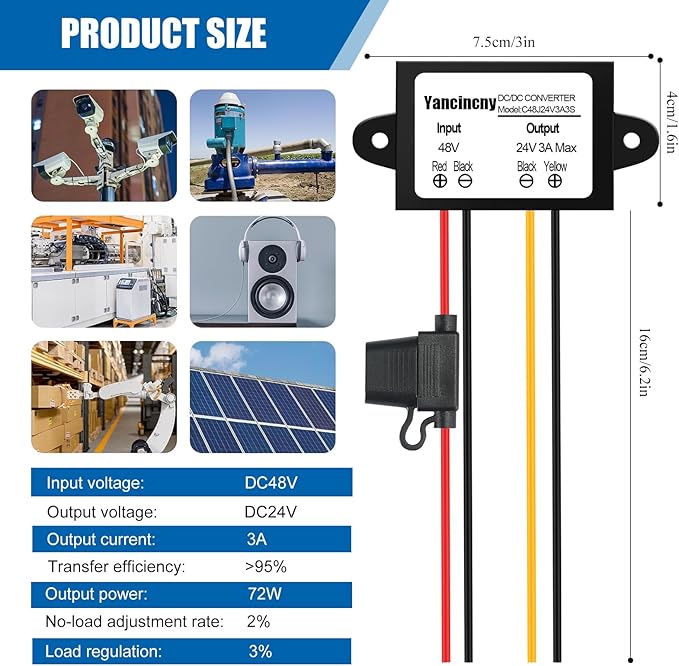 Yancincny 3A 72W 24V DC 48V Step Down to 24V Buck Transformer, 48V to 24-V Converter Regulator Power Supply Module Waterproof Voltage Converter with Fuse for Golf Cart/RVs/Monitoring System