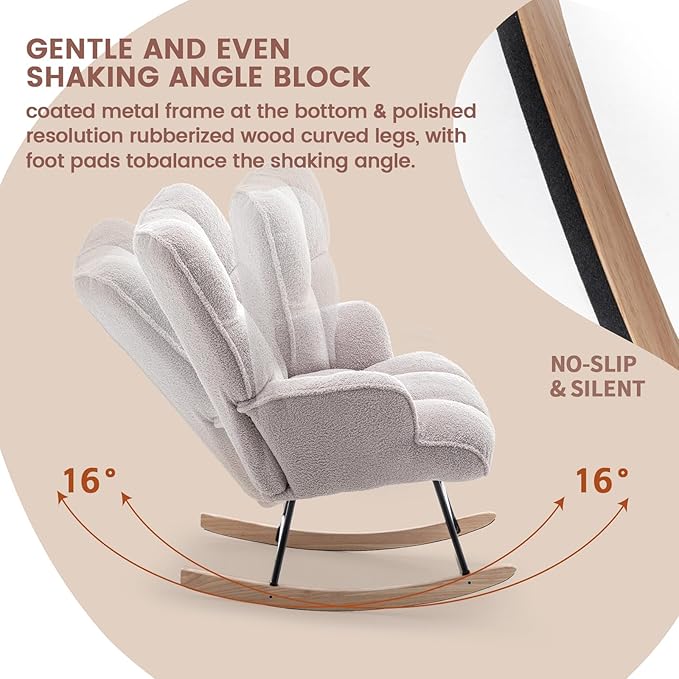 Rocking Chair Nursery Teddy Upholstered Glider Rocker Rocking Accent Chair Padded Seat with High Backrest Armchair Comfy Side Chair for Living Room Bedroom Offices (Grey Teddy)