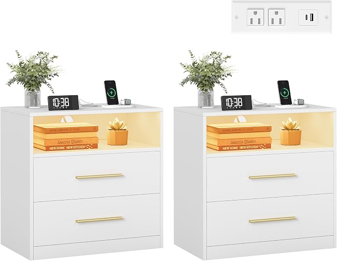 VASAGLE 23.6‑Inch Wide Nightstands, LED Lights, 2 Drawers | Modern Side End by Unknown