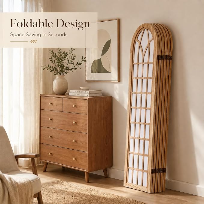 6 Panel Shoji Room Divider Folding Privacy Screen Light Brown | Freestanding - Image 5