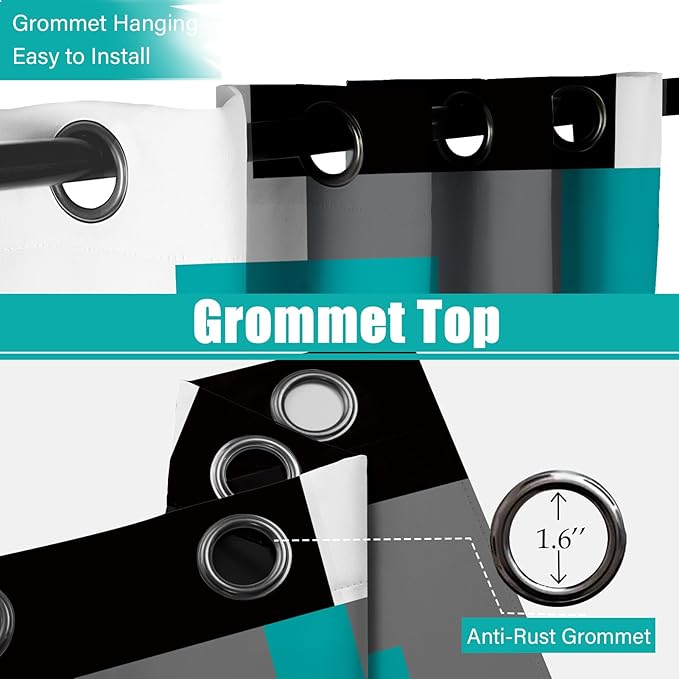 Teal/Turquoise 100% Blackout Curtains for Bedroom 108 inch Extra Long 2 Panels Set Black Grey Modern Abstract Geometric Black Out Curtains Room Darkening Window Drapes for Living Room, 52Wx108L