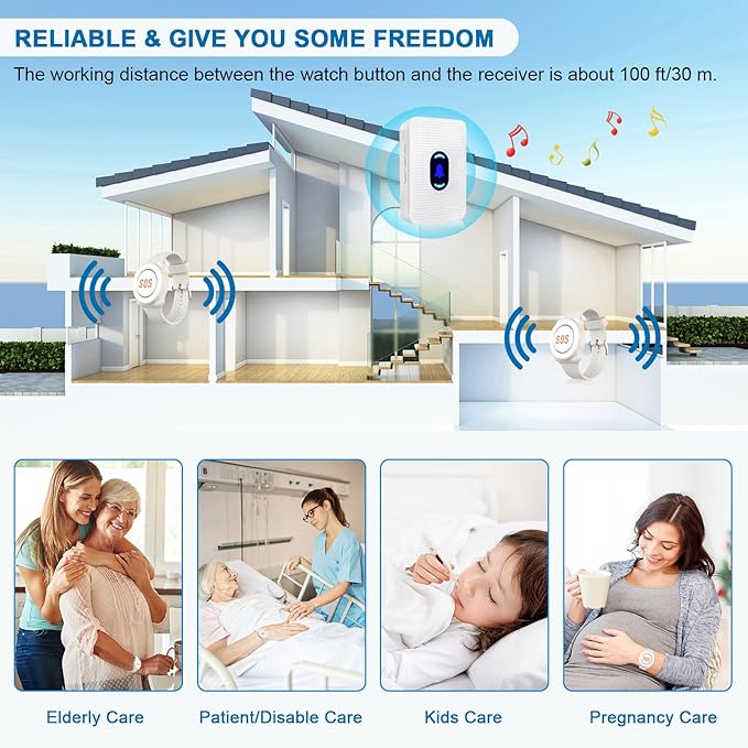Daytech Caregiver Pager Call Button for Elderly at Home Nurse Alert System for Seniors Patient 2 Receiver 3 Panic Emergency Button