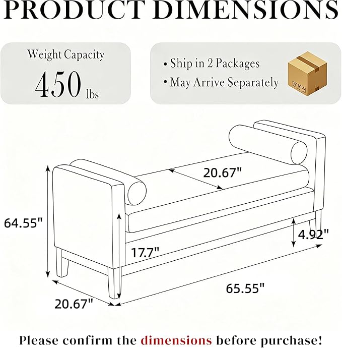 Aoiy & Wifon 65.55" W End of Bed Bench, King Size Upholstered Bench - Image 3