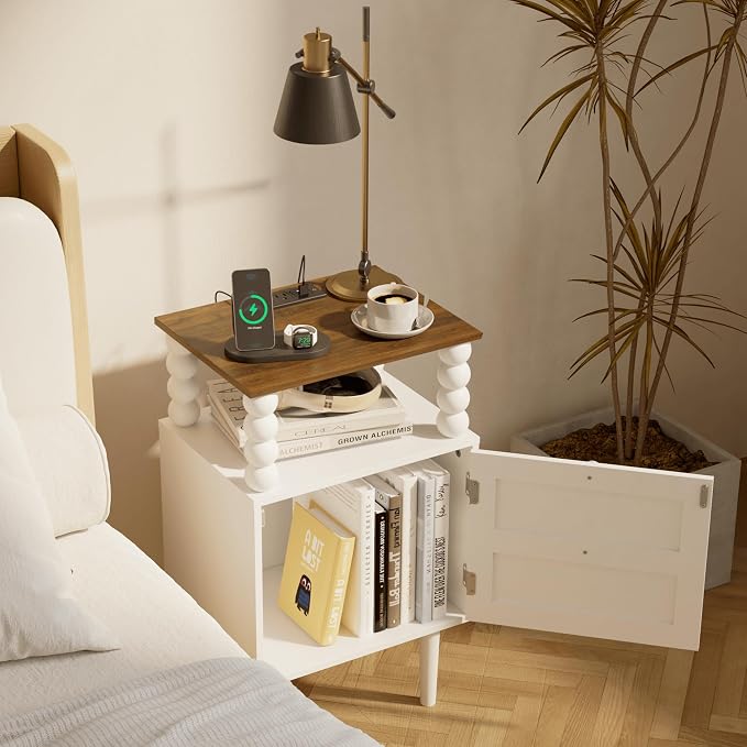 Veegle White Nightstand with Charge Station, Modern Bedside Table with Storage - Image 6