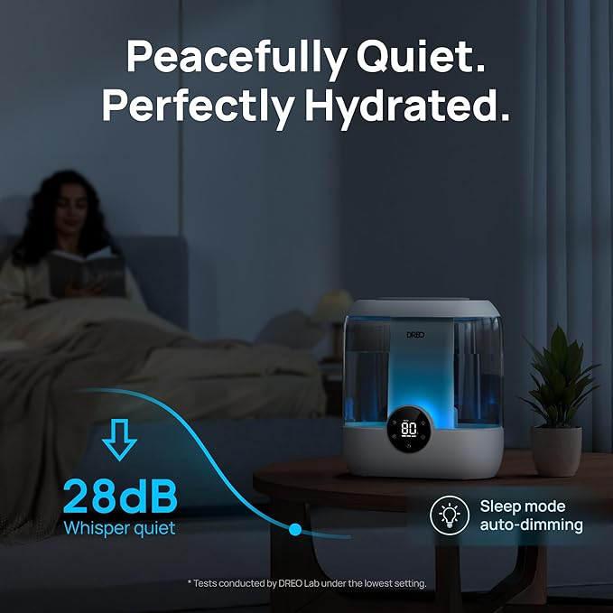 DREO 6L Top Fill Humidifiers for Bedroom, 60H Runtime 28 dB Quiet Supersized Cool Mist Air Humidifiers for Large Room, Baby Nursery, Plant, Indoor, Night Light, Easy to Clean, Precise Humidity Control