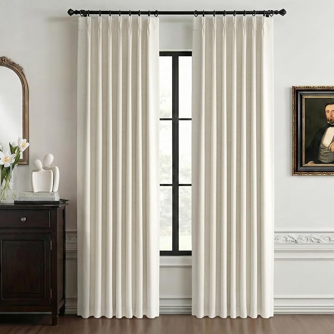 Pinch Pleated Full Blackout Faux Linen Curtains 102 Inches Long | Beige White by 100BlackoutShield