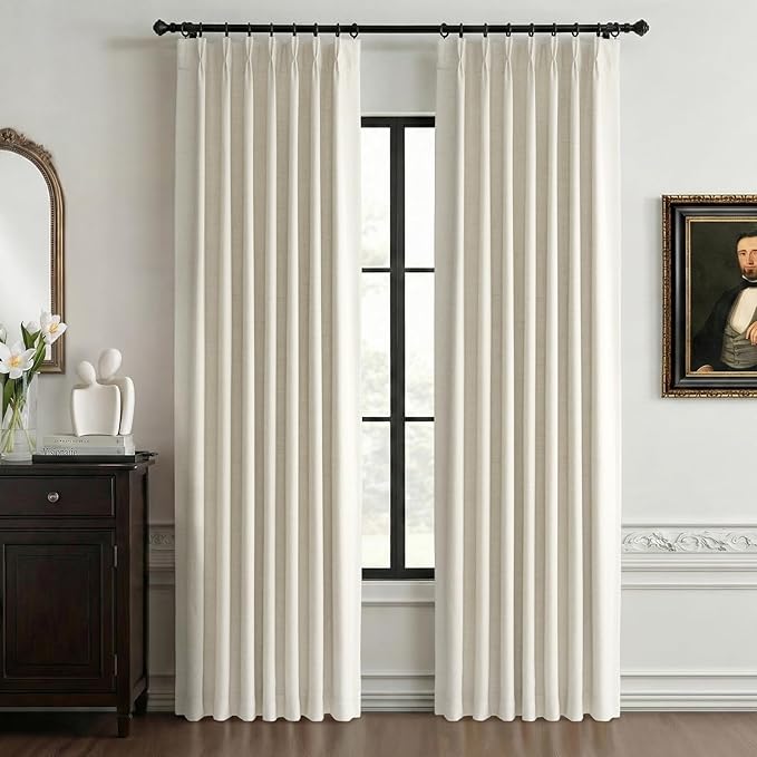Pinch Pleated Full Blackout Faux Linen Curtains 84 Inches Long | Beige White by 100BlackoutShield