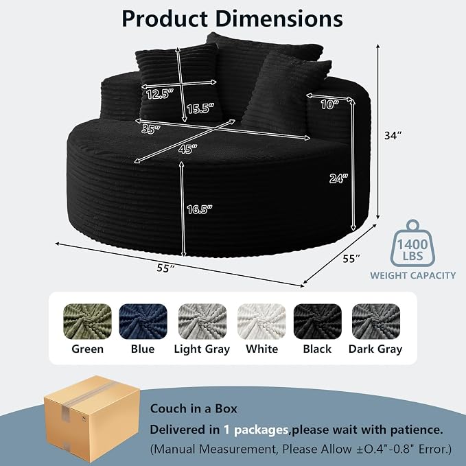 55'' Oversized Round Lounge Chaise Chair, Corduroy Upholstered Indoor Chaise - Image 2