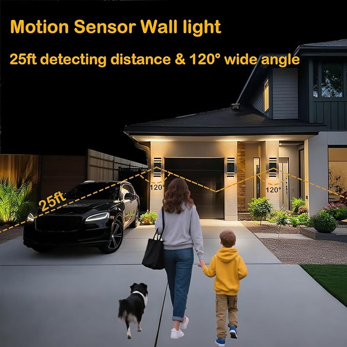 iYogaled Motion Sensor Outdoor Wall Lights with 3 Lighting Modes, Dusk to Dawn Porch Light with Bulbs Include, IP65 Waterproof Modern Black Wall Sconce for Patio, Garage, Front Door