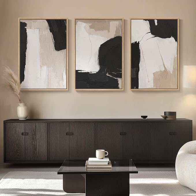 Large Framed Black and White Neutral Abstract Wall Art, 3 Piece, 24x36 In | - Image 8
