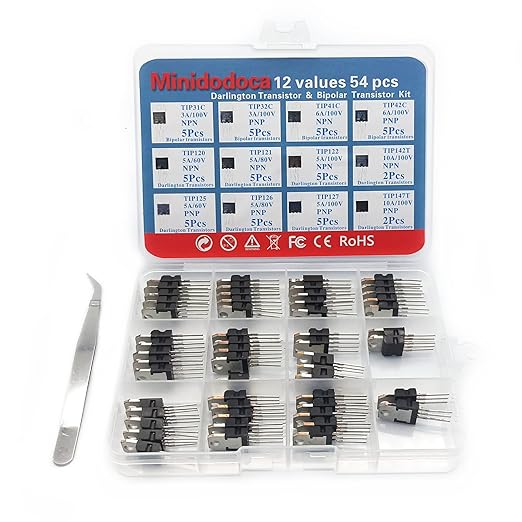 12 Values 54 Pcs Darlington Transistors Bipolar Power Transistor TIP31C TIP32C TIP41C TIP42C TIP120 TIP121 TIP122 TIP125 TIP126 TIP127 TIP142T TIP147T Minidodoca TIP Transistors Assortment Kit