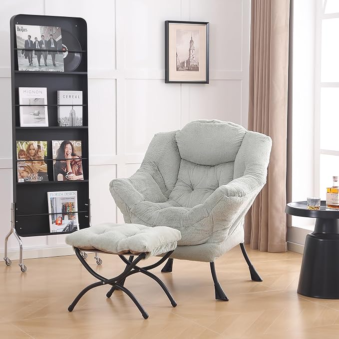 Lazy Chair with Ottoman, Comfy Accent Reading Chair, Plush Green | Foldable - Image 8