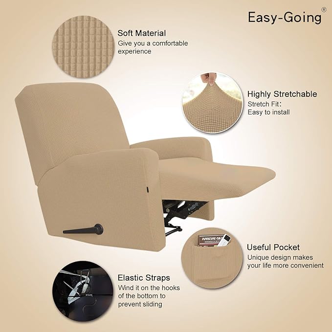 Easy-Going Recliner Stretch Sofa Slipcover Sofa Cover 4-Pieces Furniture Protector Couch Soft with Elastic Bottom,Polyester Spandex Jacquard Fabric Small Checks(Recliner,Sand)