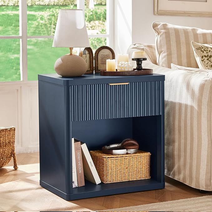 LEYAOYAO Fluted Nightstand with Charging Station, 23" Wide 1 Drawers Night Stand,Blue End Table with Open Storage,Farmhouse Bed Side Tables, Wood Dresser for Bedroom, Living Room, Closet