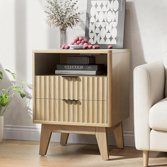 Nightstand with Charging Station, Modern Fluted 2 Drawer End Table with Storage Shelf, Natural Oak Bedside Table for Bedroom & Office