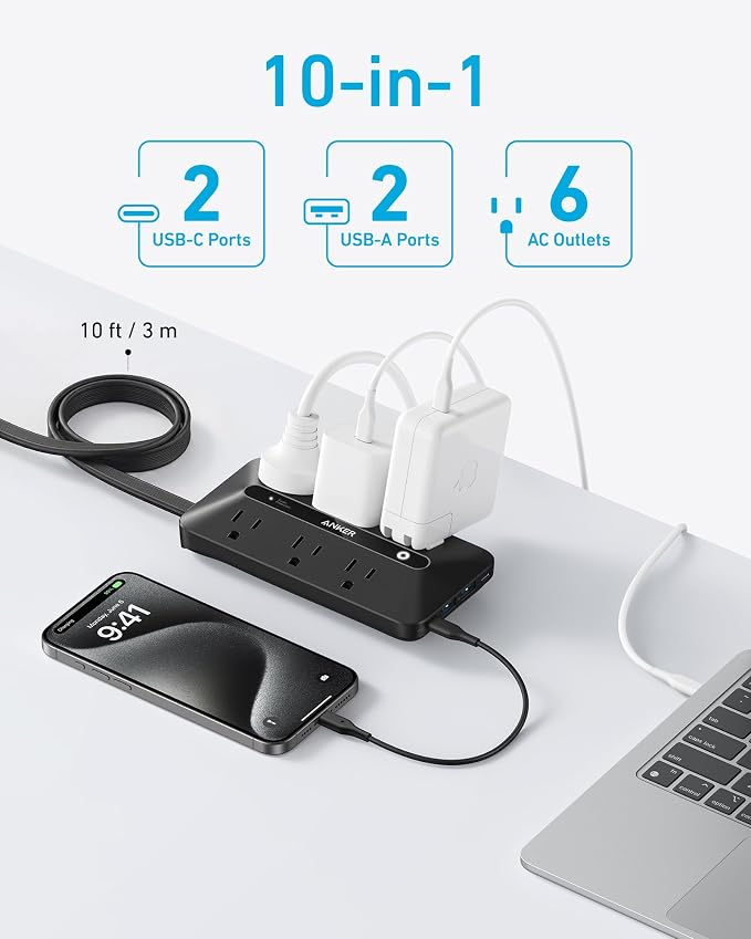 Anker Power Strip with 300J Surge Protector, 10ft Outlet Extender, 6AC | Flat - Image 3