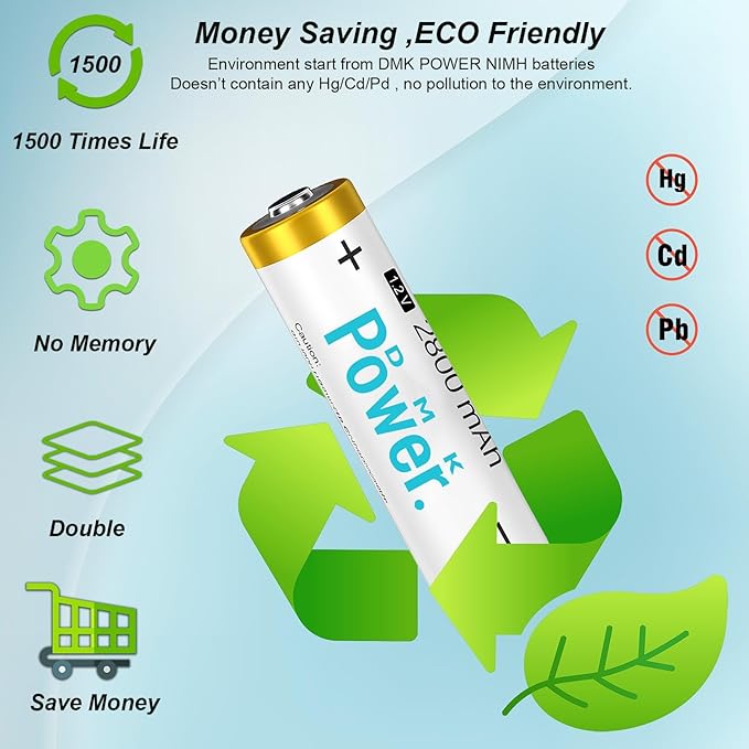 DMK POWER Rechargeable High Capacity Batteries 1.2V NiMH Low Self Discharge (AA White 2800MAH (8 Pieces))