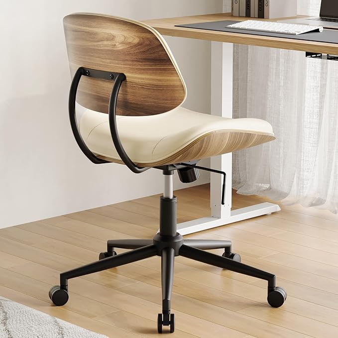 Armless Office Chair with Wheels, PU Leather Adjustable Height Desk Chair - 360° Swivel Ergonomic Computer Chair for Small Space, Modern Walnut Style, Home & Meeting Room, Beige