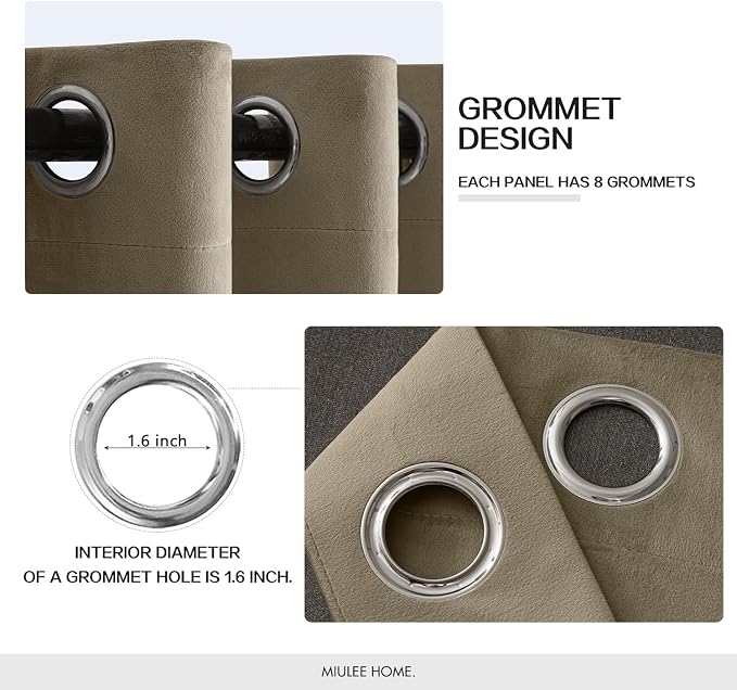 MIULEE Velvet Curtains Taupe 52 x 90 Inch Length Set of 2 | Grommet Drapes - Image 2