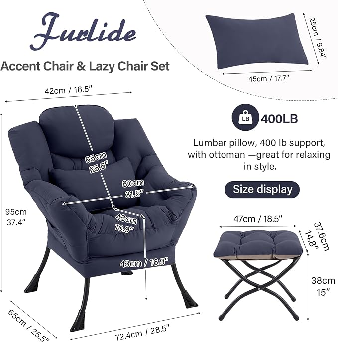 Furlide Lazy Chair with Ottoman, Modern Lounge Chair with Lumbar Pillow - Image 2