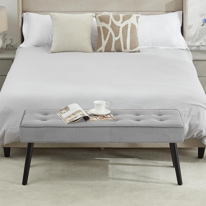 LOULENS Entryway Bench, Light Grey | Wood Legs, Button Tufted, Upholstered Bench - Image 7