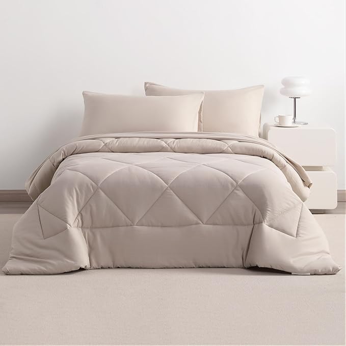 5-Piece Twin Comforter Set with Sheets – Soft and Breathable All-Season Twin Bed in a Bag, Down Alternative Comforter Set for Kids or Teens, Light Taupe
