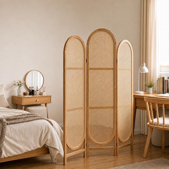 3 Panel Rattan Room Divider, Arched Room Divider Screen, Natural | Room Divider - Image 3