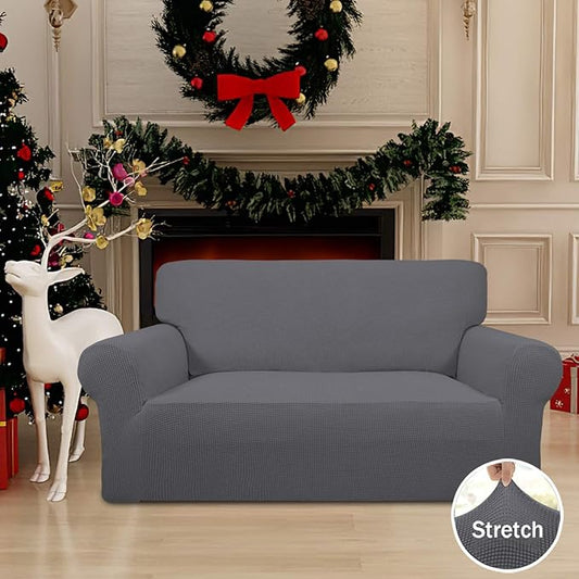 Easy-Going Stretch Loveseat Slipcover 1-Piece Sofa Cover Furniture Protector Couch Soft with Elastic Bottom for Kids Polyester Spandex Jacquard Fabric Small Checks (Loveseat, Grey)