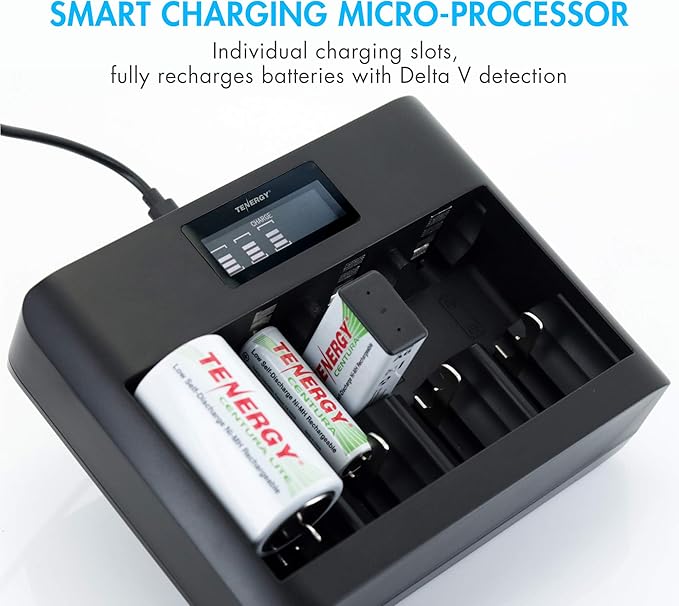 Tenergy 4 Pack Centura Lite D Size Batteries and TN486U 5-Bay Universal Battery Charger with LCD, Micro USB/Type C Input