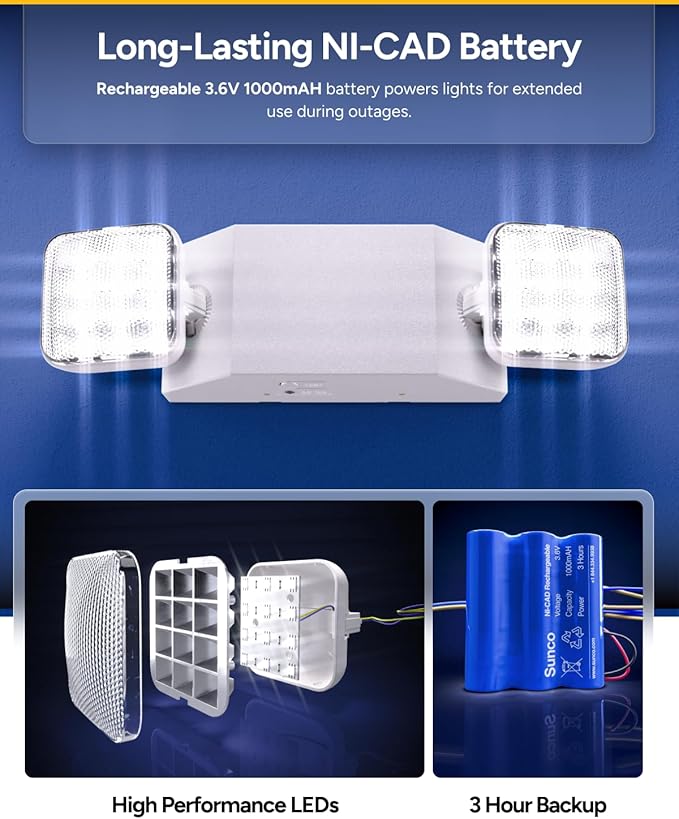 Sunco 6 Pack LED Emergency Lights for Business, Commercial Lighting, Power Outages, Offices, with Backup Battery (90 Minutes), Wall Mount, Hard Wired, 120-277V, Fire Resistant (94V-0) UL