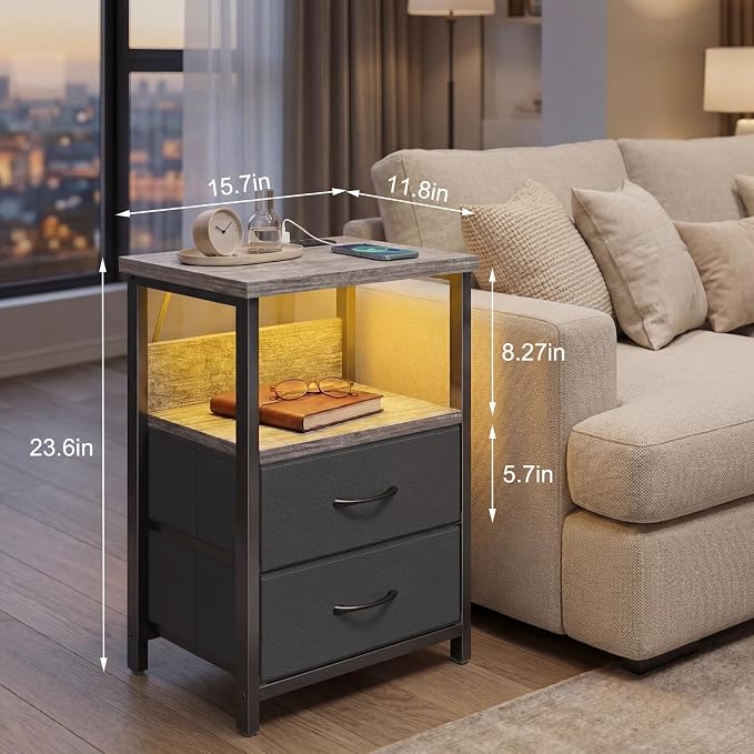 Fixwal Night Stand with Charging Station, Led Nightstand, 2 Fabric Drawers | - Image 3