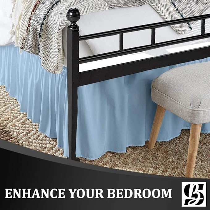 SKY BEDDINGS - King Size Ruffled Bed Skirt with Split Corners - 18 Inch Drop Dust Ruffle Bed Skirt with Platform Three Sided Coverage - 100% Microfiber, Light Blue