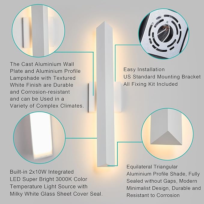 Tarentlight 2 Pack LED Outdoor Wall Lights Dimmable,20W 3000K,21.9" Modern Textured White Outdoor Wall Sconce, IP65 Waterproof, Linear Exterior Wall Light for Entrance, Hallway, Garage, Porch