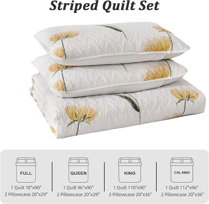 Dinjoy Quilt Set King, Mustard Yellow Floral Bedspread - Image 5
