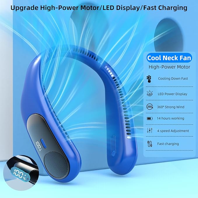 Portable Neck Fan,Personal Wearable Bladeless Fan,LED Display,4-Speeds,6000mAh USB Rechargeable,360° Strong Cooling Wind,Hands Free,White Elephant Gift,Christmas Gifts for Men Women Dad Mom (Navy)