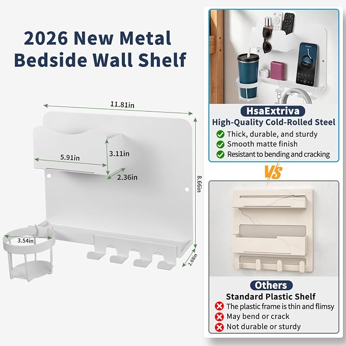 Metal Bedside Wall Shelf, No Drill, - Image 2