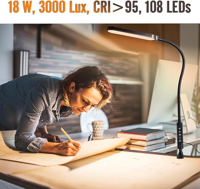 18W 3000LM LED Clamp Desk Lamp | CRI 95 Eye-Caring Light - Image 4