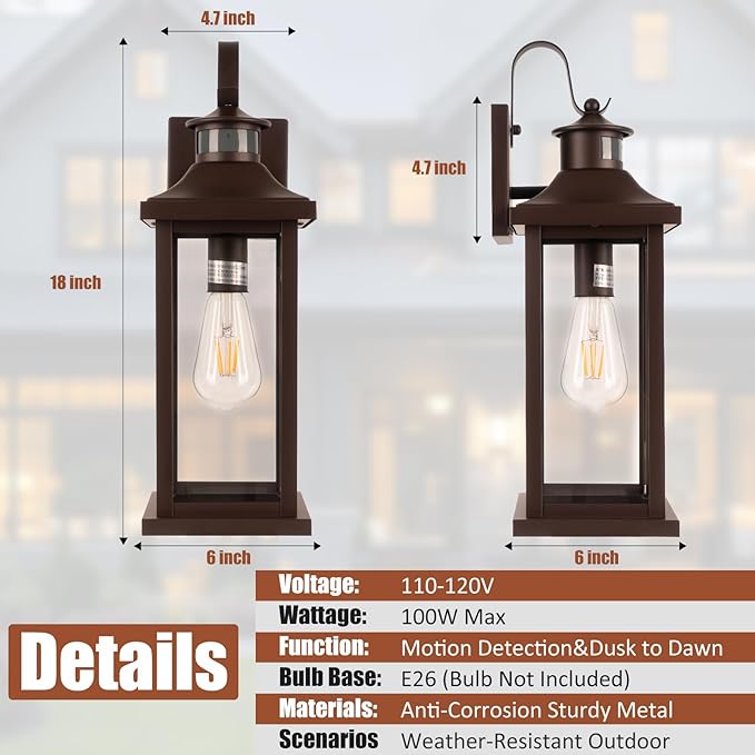Roravilila 1-Pack 18 Inch Oil Rubbed Bronze Motion Sensor Outdoor Wall Lantern IP65 Waterproof, Large Brown Dusk to Dawn Outdoor Light for House Clear Glass Outside Wall Mounted Lamps Front Door