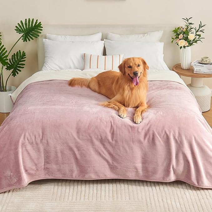 Waterproof Blanket 80"x90" for Adults, Reversible Waterproof Bed Cover for Dogs Cats Pets, Soft Leakproof Blanket for Bed Couch Sofa Furniture Protector, Dusty Pink/Off White