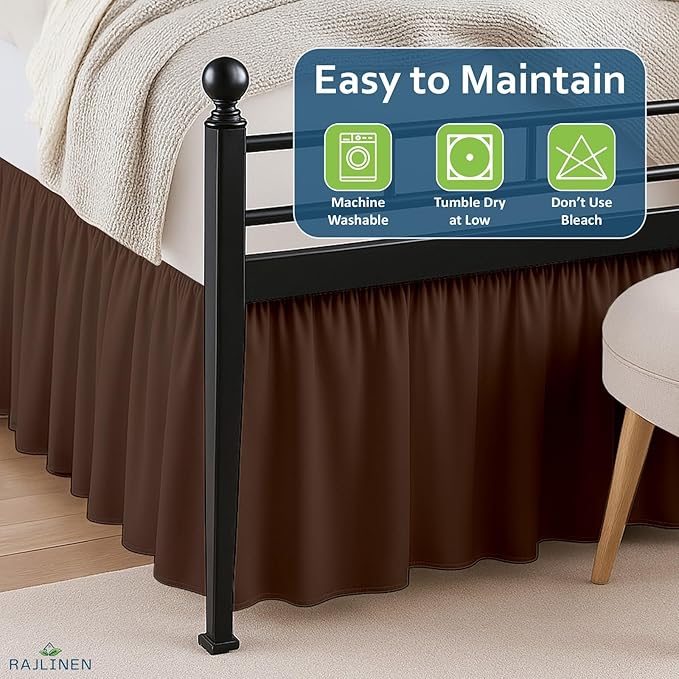 Rajlinen Ruffled Bed Skirt King, 16 Inch Drop Dust Ruffle with Split Corners, 100% Microfiber Bedskirt with Platform, Three-Sided Coverage Ruffled Gathering Design, Chocolate