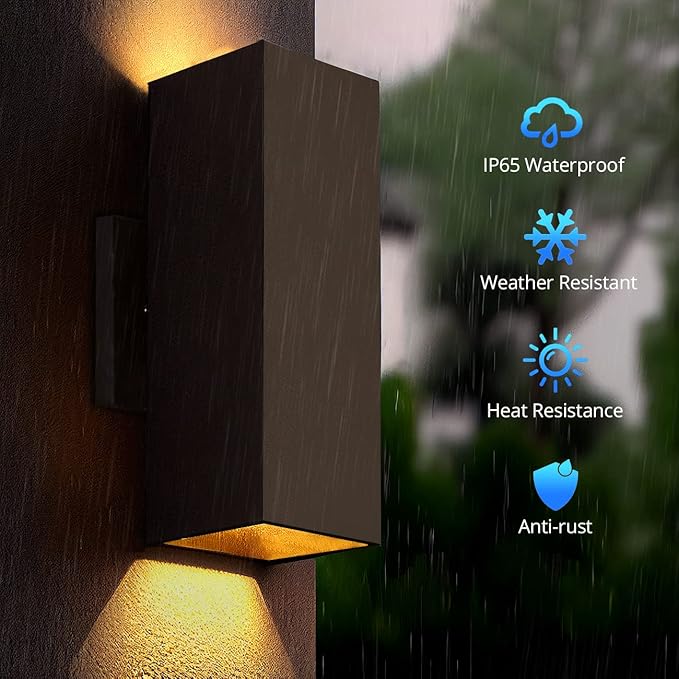 wowlite Modern Up Down Wall Lights Outdoor Dusk to Dawn Photocell Sensor, LED Outdoor Wall Lighting, IP65 Waterproof Bronze Porch Lantern, 13" Square Wall Sconce for House Garden Entrance, 2 Pack