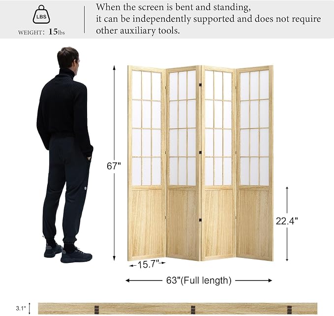Room Divider, 66.9Inch Tall Japanese Shoji Style Folding Wood Screen - Image 7
