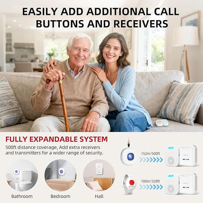 CallToU Caregiver Pager Wireless Call Button for Elderly, Medical Alert Systems for Seniors/Elderly Monitoring with 2 Call Bell, 500+Feet, 1 Plug-in Receiver+1 USB Receiver for Home Patients Emergency