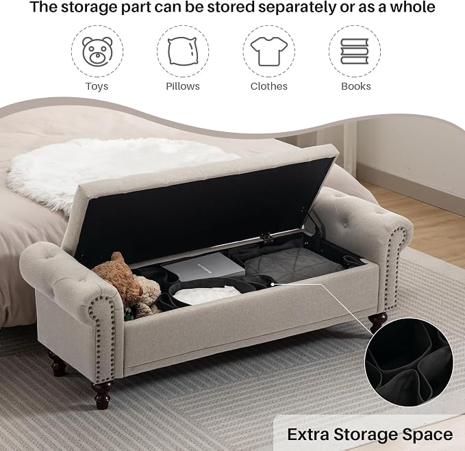 SOFTHION 58.1" Storage Bench for Bedroom, Linen Upholstered, Light Brown | End - Image 3